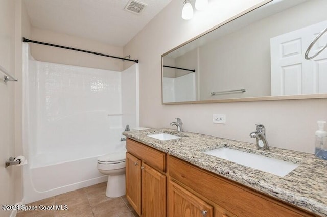 full bathroom featuring toilet, shower / tub combination, vanity, and tile patterned flooring