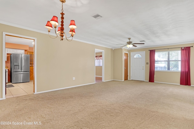 interior space with crown molding, light colored carpet, and ceiling fan with notable chandelier