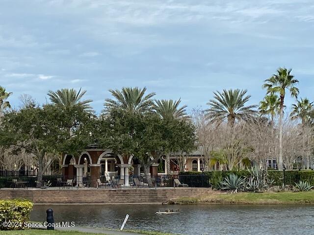 exterior space with a water view