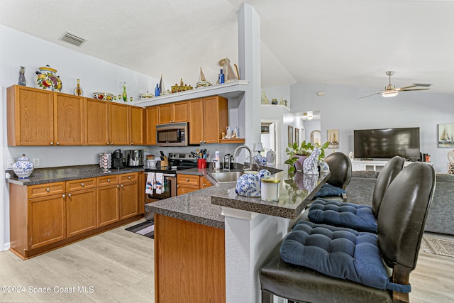 kitchen featuring lofted ceiling, sink, ceiling fan, light hardwood / wood-style floors, and stainless steel appliances