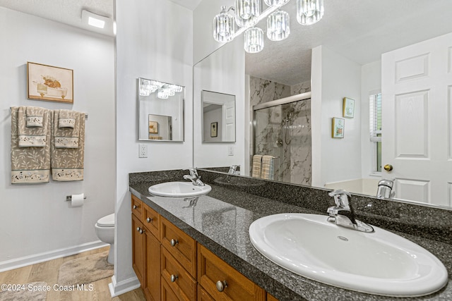 bathroom featuring vanity, a textured ceiling, toilet, and a shower with door