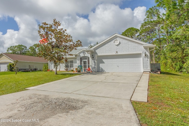 single story home featuring a front yard and a garage