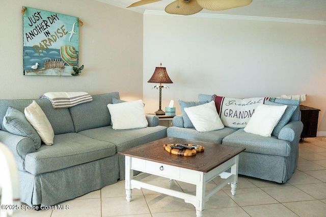 living room with crown molding and tile patterned floors