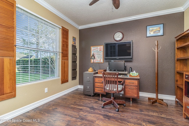 home office with crown molding, dark hardwood / wood-style floors, a textured ceiling, and ceiling fan