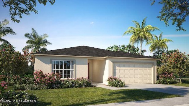 ranch-style house featuring a garage, concrete driveway, a front lawn, and stucco siding