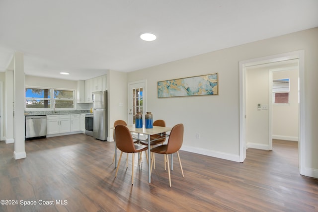 dining room featuring sink and dark hardwood / wood-style floors