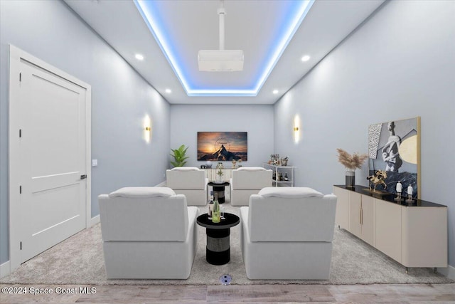 carpeted home theater room featuring a raised ceiling