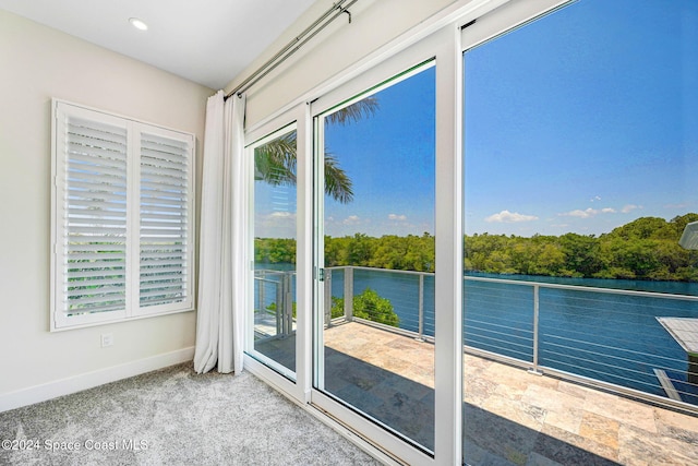 doorway to outside featuring carpet, a water view, and a wealth of natural light