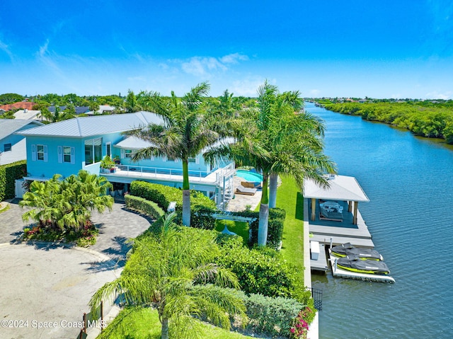 aerial view featuring a water view