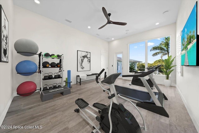 exercise room with ceiling fan and light wood-type flooring