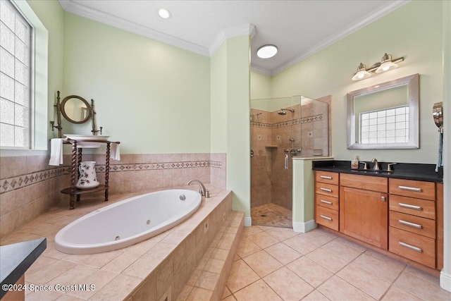 bathroom featuring tile patterned floors, plenty of natural light, vanity, and ornamental molding