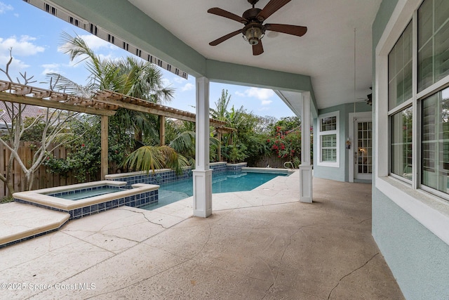 view of pool featuring a fenced backyard, a patio, and ceiling fan