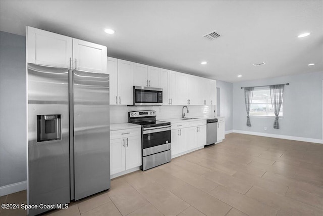 kitchen with backsplash, sink, appliances with stainless steel finishes, and white cabinetry