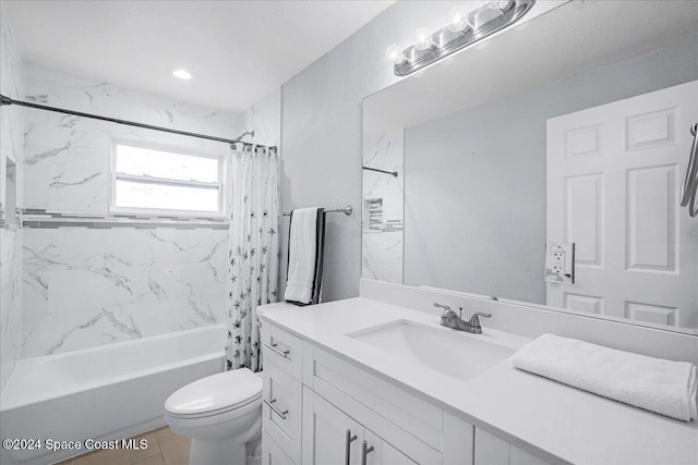 full bathroom featuring toilet, shower / bath combo with shower curtain, vanity, and tile patterned floors