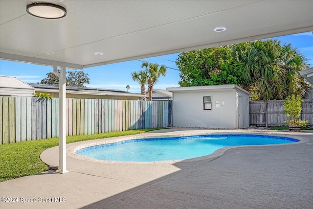 view of pool with a patio and a shed