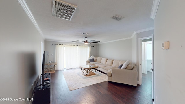 living room with crown molding, a textured ceiling, dark hardwood / wood-style floors, and ceiling fan