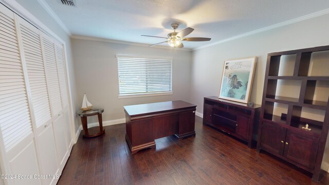 office space with ornamental molding, dark hardwood / wood-style floors, and ceiling fan