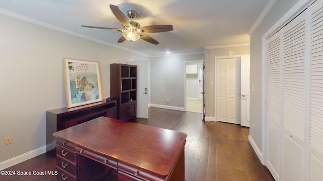 home office featuring crown molding, dark hardwood / wood-style floors, and ceiling fan