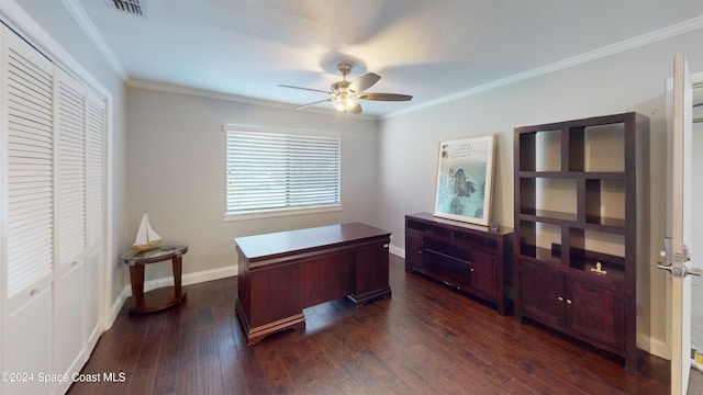 office space featuring crown molding, dark hardwood / wood-style floors, and ceiling fan