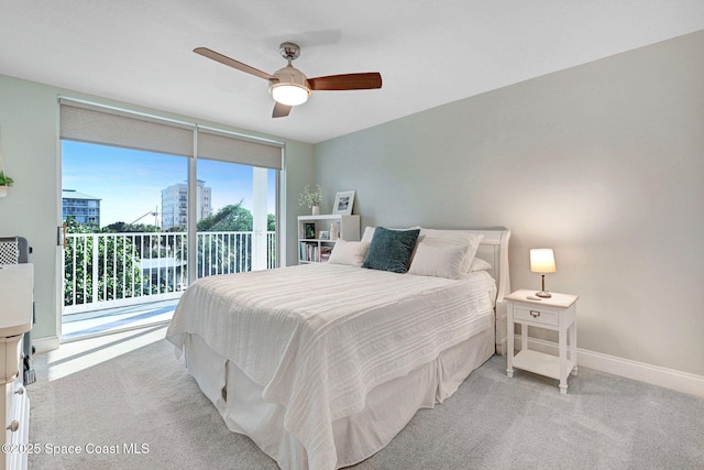 bedroom featuring ceiling fan, light carpet, and access to outside