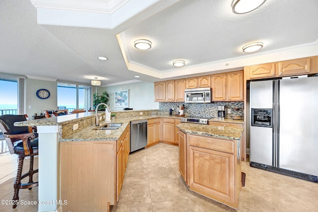 kitchen featuring light stone countertops, sink, a kitchen breakfast bar, kitchen peninsula, and appliances with stainless steel finishes