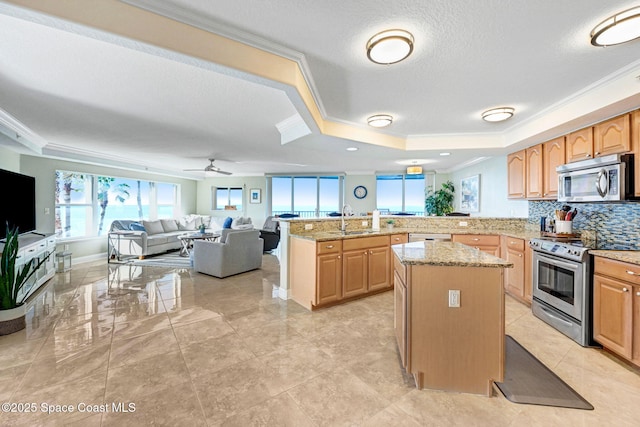 kitchen featuring kitchen peninsula, appliances with stainless steel finishes, a tray ceiling, a kitchen island, and ornamental molding