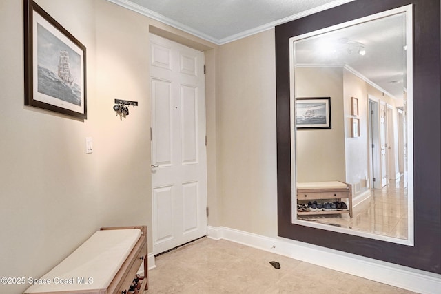 hallway with crown molding and light tile patterned flooring