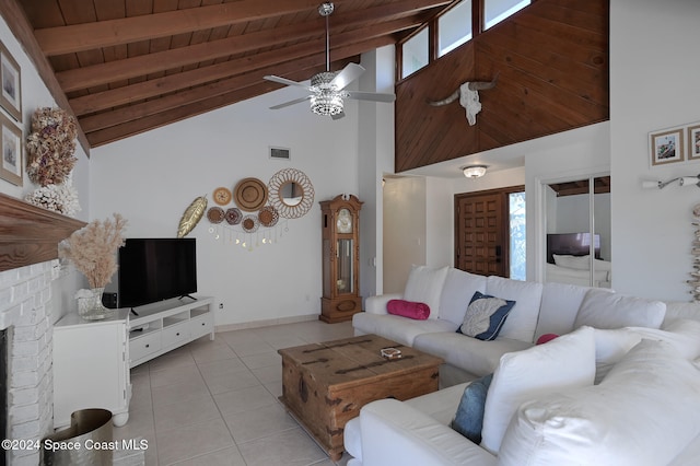 tiled living room featuring beam ceiling, high vaulted ceiling, ceiling fan, and wood ceiling