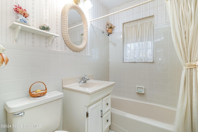 full bathroom with decorative backsplash, tile walls, toilet, vanity, and shower / tub combo with curtain