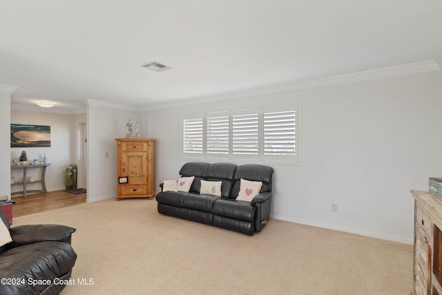 living room featuring light carpet and crown molding