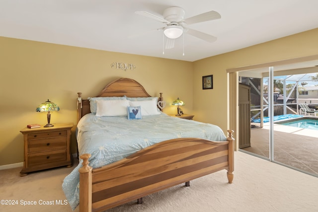 bedroom with light carpet, access to outside, and ceiling fan