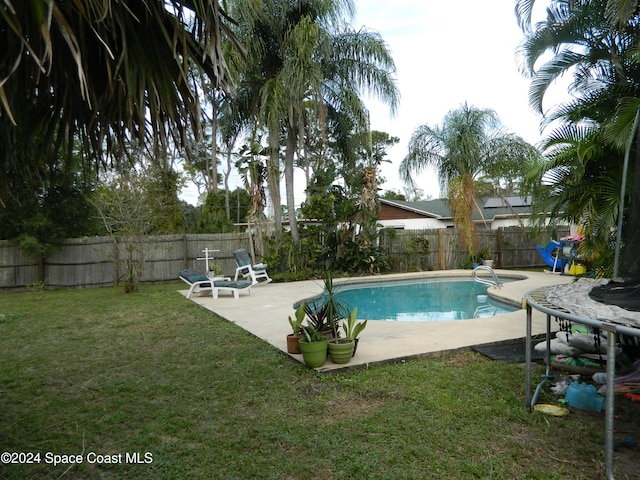 view of swimming pool with a patio and a lawn