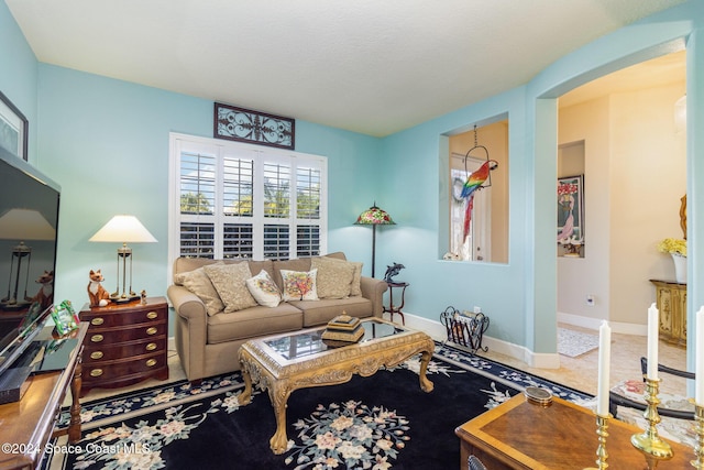 living area featuring baseboards and arched walkways