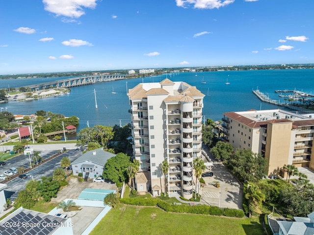 drone / aerial view featuring a water view