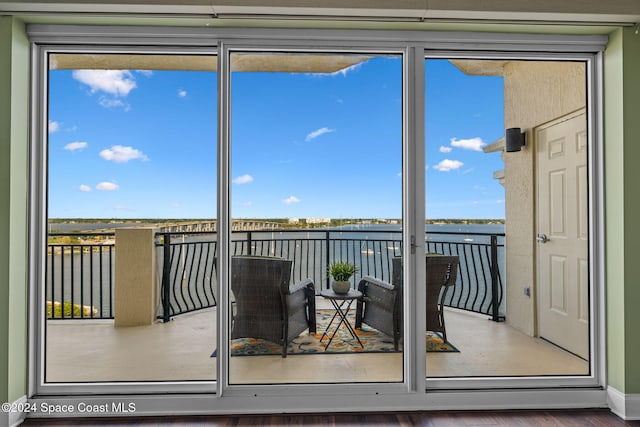 interior space with a water view