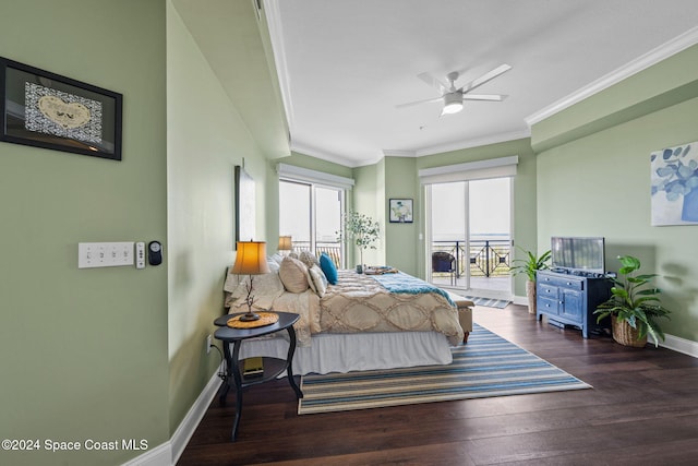 bedroom featuring ornamental molding, dark wood-type flooring, access to exterior, and ceiling fan