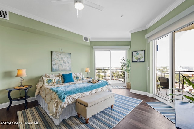 bedroom with dark wood-type flooring, ceiling fan, crown molding, and access to outside