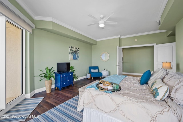 bedroom featuring crown molding, ceiling fan, and dark hardwood / wood-style flooring