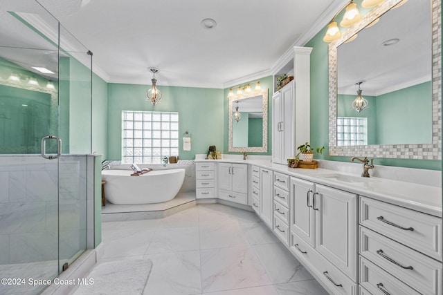 bathroom featuring vanity, crown molding, and shower with separate bathtub