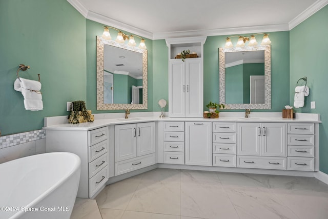 bathroom featuring vanity, crown molding, and a bath