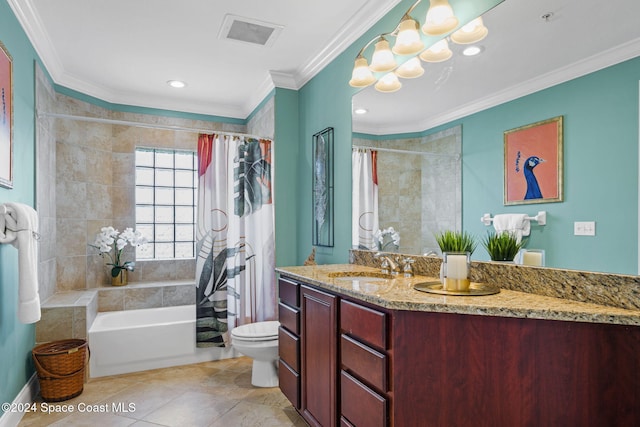 full bathroom featuring toilet, tile patterned flooring, crown molding, vanity, and shower / bathtub combination with curtain