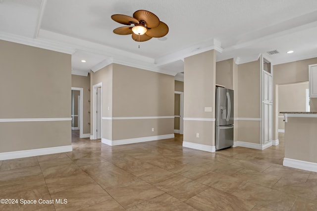 unfurnished room with recessed lighting, crown molding, a ceiling fan, visible vents, and baseboards