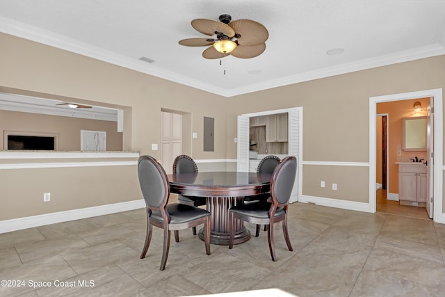 dining room featuring crown molding, electric panel, sink, and ceiling fan