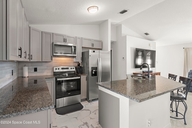 kitchen with lofted ceiling, a kitchen island with sink, stainless steel appliances, sink, and a kitchen bar