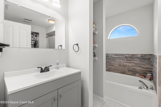 bathroom with vanity, separate shower and tub, and tile patterned flooring