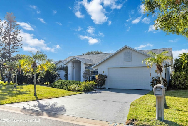 single story home with a front yard and a garage