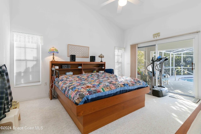 bedroom with light carpet, high vaulted ceiling, access to outside, and ceiling fan