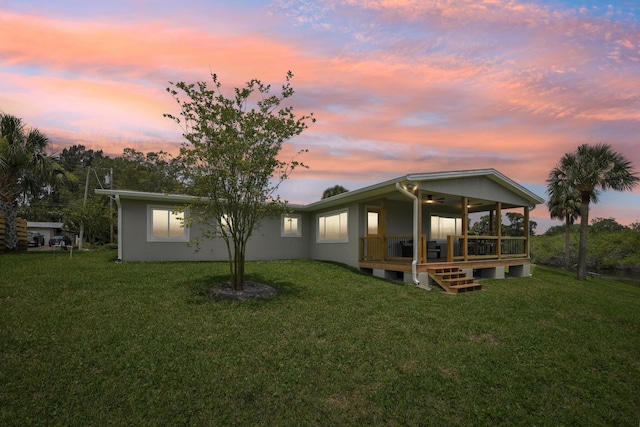 back house at dusk with a yard