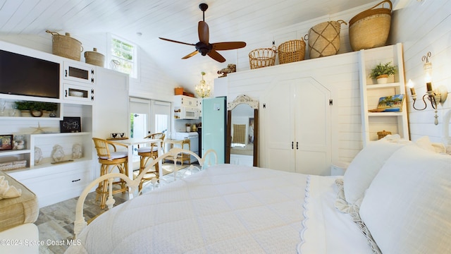 bedroom featuring wood ceiling, hardwood / wood-style floors, wooden walls, high vaulted ceiling, and ceiling fan