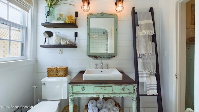 bathroom featuring vanity, wooden walls, and toilet